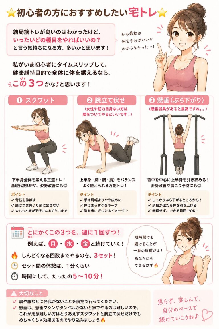 【自宅で完結】筋トレ初心者におすすめの「厳選宅トレ」3種目！週3回・1日5分で健康的な体へ